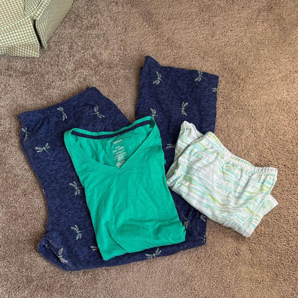 3-Piece Sleep Set - Teal Top, Navy Dragonfly Pants & Striped Shorts - XXL TALL
